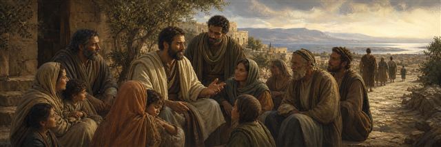 Paul and his coworkers teaching, working, and comforting families as travelers depart along a distant road